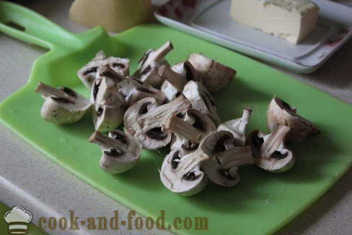 Фаст фуд са печуркама и сиром - попут печених гљива са сиром у рерни, са корак по корак рецептури фотографије