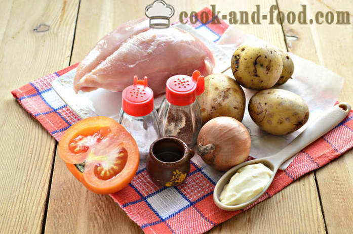 Печени кромпир са пилетином и парадајзом - како да се пече пиле у рерни са кромпиром, корак по корак рецептури фотографије