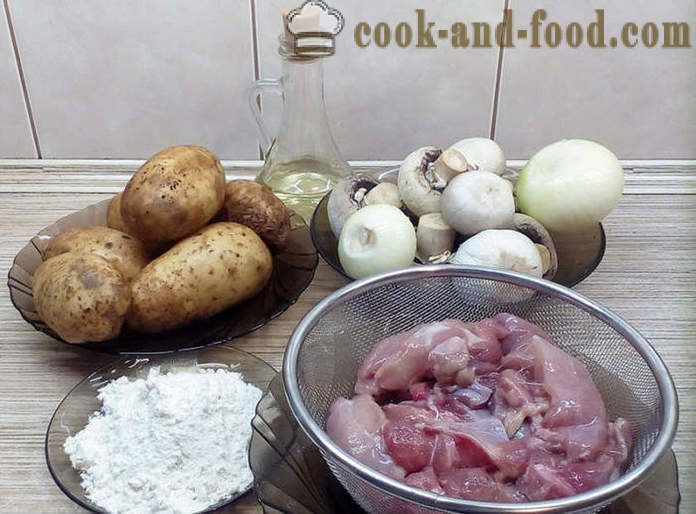 Укусно печење са кромпирима у рерни - како да кувају печење са кромпиром, месо и печурке, корак по корак рецептури фотографије