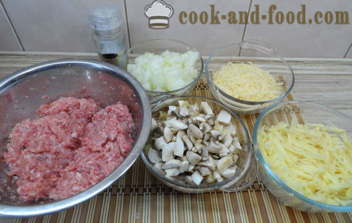 Лиснато тесто паштете у рерни печени са печуркама и сосом - како да кува сочне ћуфте у рерни, са корак по корак рецептури фотографије