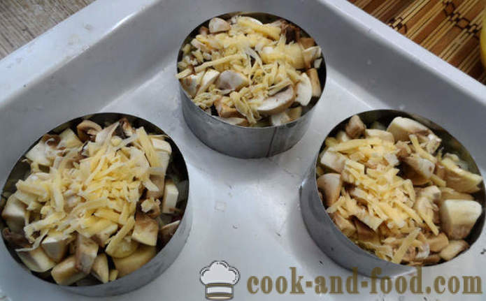 Лиснато тесто паштете у рерни печени са печуркама и сосом - како да кува сочне ћуфте у рерни, са корак по корак рецептури фотографије