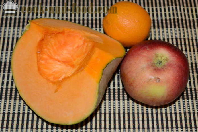 Бундева салата са јабукама и сувим грожђем са наранџастим сосу - како да кувају бундеве салату са јабукама, корак по корак рецептури фотографије