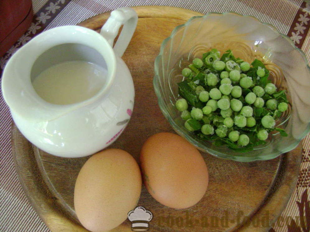 Лусх кајгана са млеком, спанаћ и грашак - како направити мекани омлет у тигању, са корак по корак рецептури фотографије