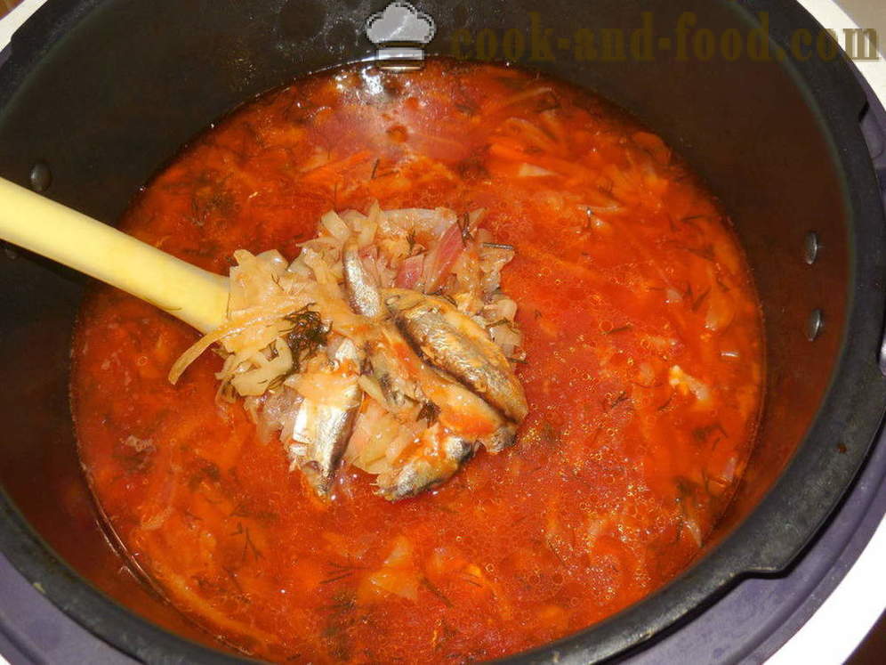 Супа од поврћа са сардине у сосу од парадајза у мултиварка - како да кува супу од поврћа са инћуна, корак по корак рецептури фотографије