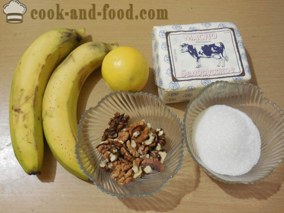 Банане печен у рерни са орасима и шећером - као што су печене банане у рерну за дезерт, корак по корак рецептури фотографије