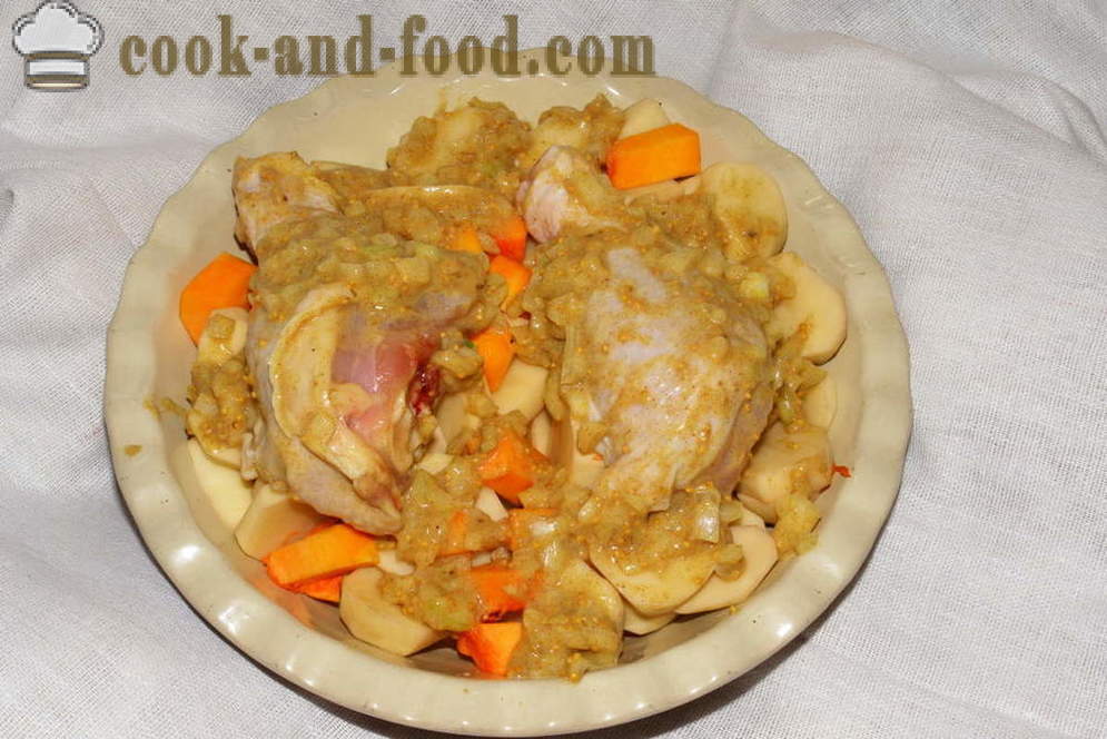 Пилетина у сосу од сенфа у рерни - како да кува пиле у рерни са кромпиром и тикве, са корак по корак рецептури фотографије