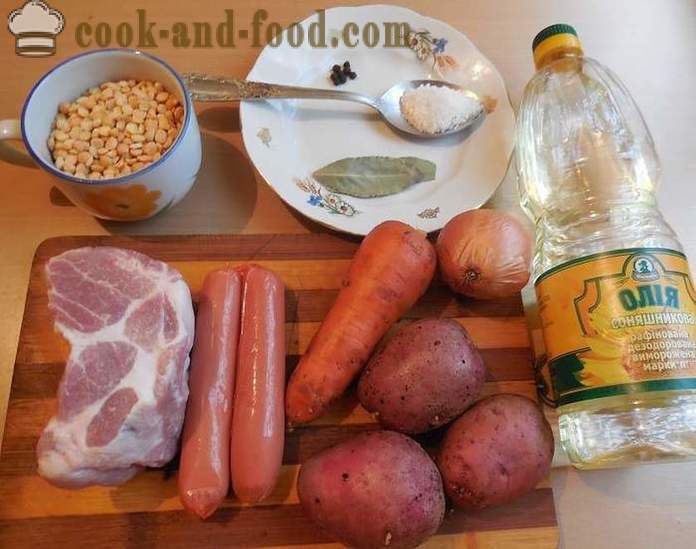 Супа од грашка у мултиварка, са месом и димљеним кобасицама - како да кува грашка супа - корак по корак рецептури фотографије
