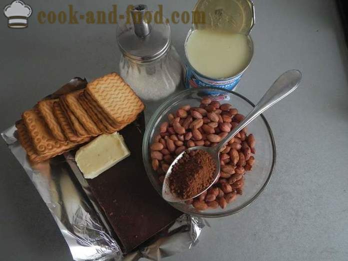 Домаћи чоколада кобасица кекс са кондензовано млеко и орахе, јаја-фрее - корак по корак рецепт за чоколадни саламе, са фотографијама.